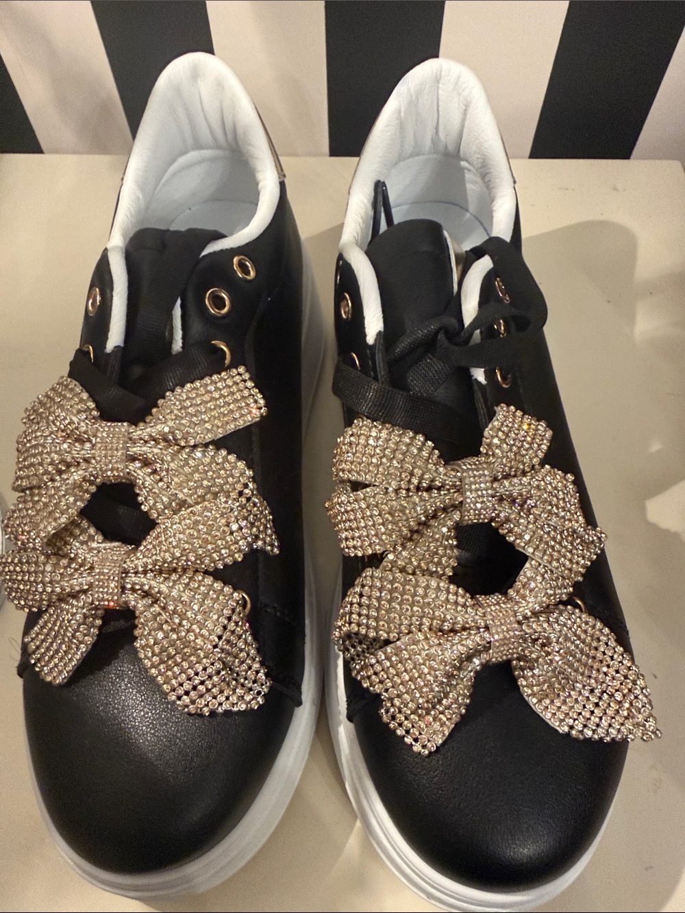 Women's Black Sneakers with Gold Crystal Bow Embellishments size 9 great cond.